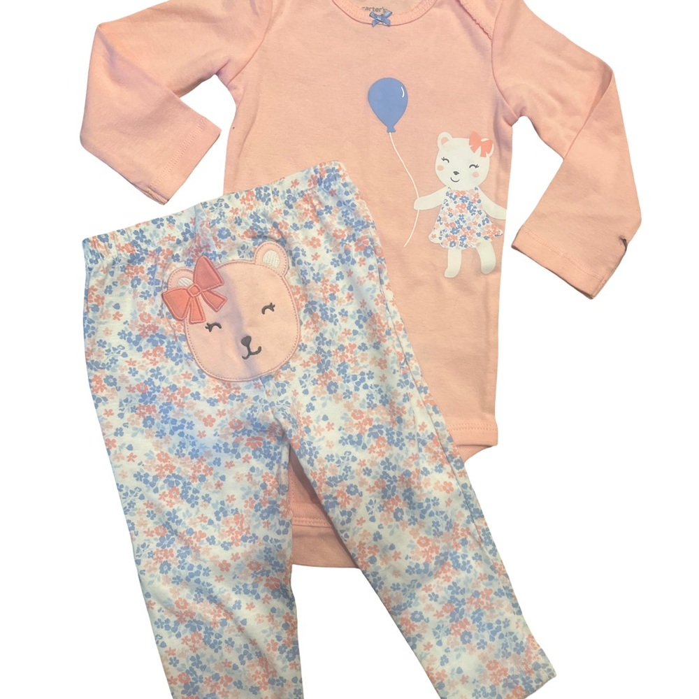 Carter’s Baby Girls Pink Bear Floral Body Suit and Pants Set - NEW